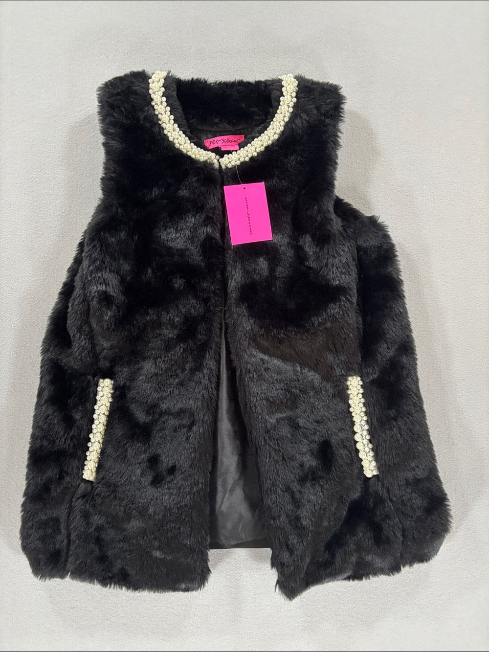 Betsey Johnson Black Faux Fur Vest with Pearl Trim XS/S NWT